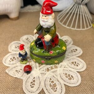 Vintage ArtGifts Porcelain Hinged Trinket Box - Gnome Riding Ladybug with minis